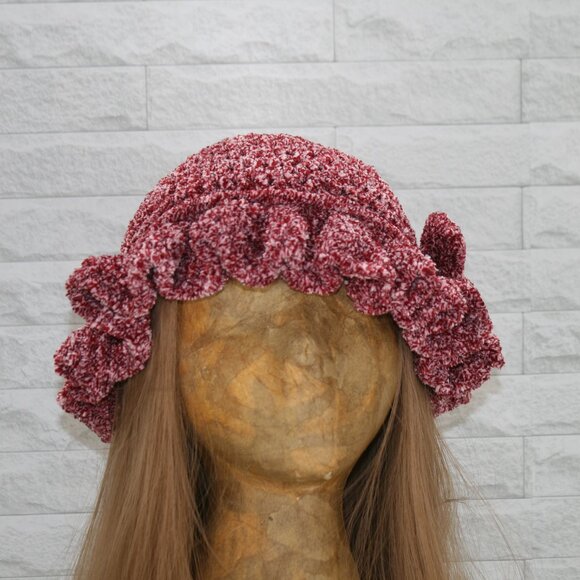 HAND CRAFTED Hat Crochet Bucket Chenille Winter Full Ruffle Red Burgundy Marled - Picture 2 of 12